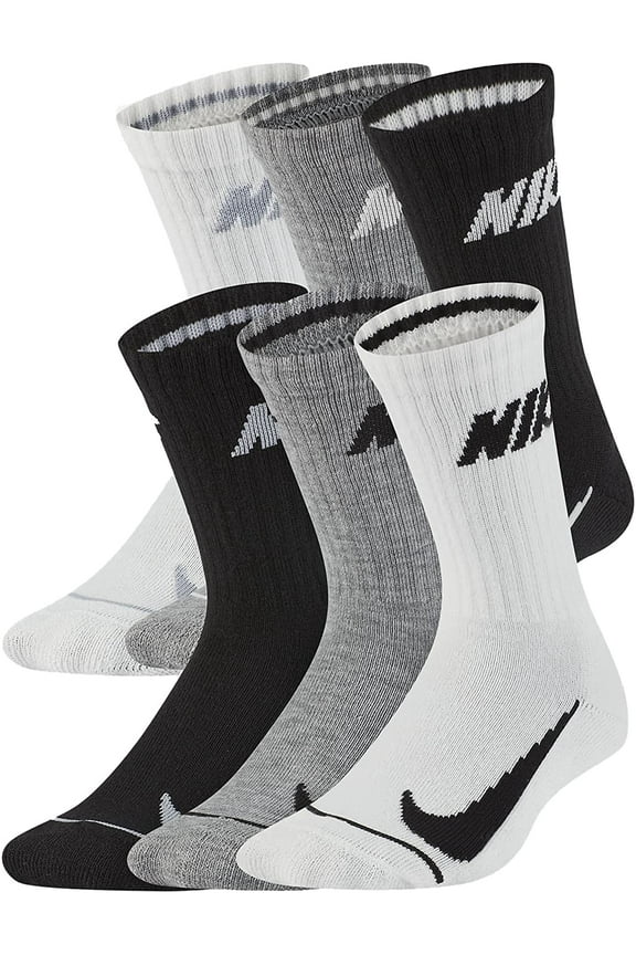 Boys Cushioned Crew Socks 6 Pack Black/Grey/White 5-7