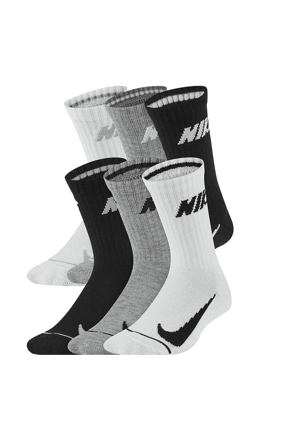 Boys' Cushioned Crew Socks 6 Pack US, Age, 2 Years, 5 Years, Black/White/Grey