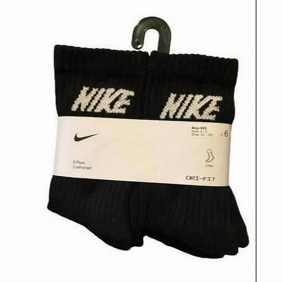 Nike Boys Dri-Fit Crew Cushioned Black Socks 6 Packed Size XXS Shoe Size 7-10C