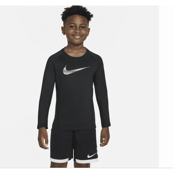 Nike Boys Pro Warm Standard-Fit Logo-Print Long-Sleeve T-Shirt - Black