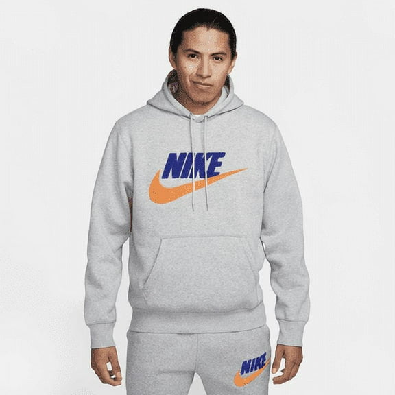Nike Club Fleece Men's Pullover Hoodie Color: Dark Grey Heather/Light Smoke Grey/Safety Orange Size: M