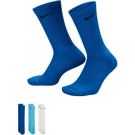 Nike Dri-FIT Everyday Plus Cushion Crew Socks - 3 Pack (Light Blue/Royal/White, L)