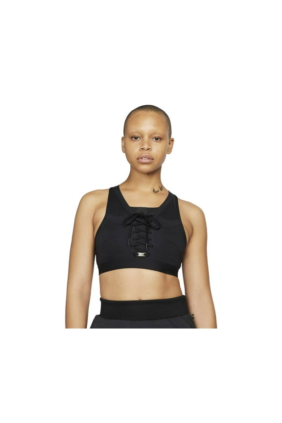 Dri-FIT Swoosh Air Force 1 Medium-Support Laced Sports Bra Womens Active Underwears Size L, Color: Black/Black