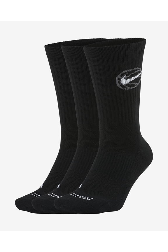 Elite Everyday Dri-Fit Crew Basketball Socks - 3 Pack - Black Gray Swoosh - DA2123 010 Sz L / 8-12