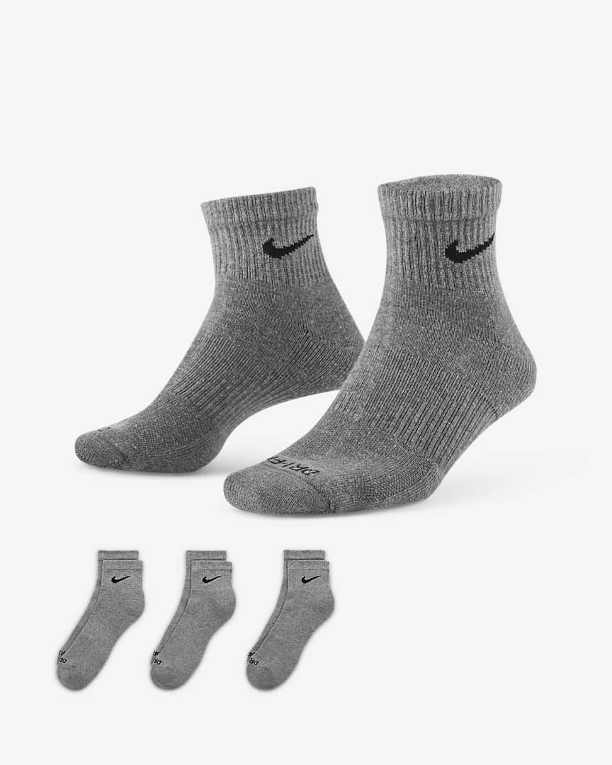 Nike Everyday Plus Cushioned Training Ankle Socks Grey Black Swoosh (3 ...