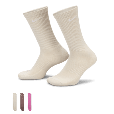 Nike Unisex Everyday Plus Cushioned Training Crew Socks 3 Pairs Beige Pink Brown