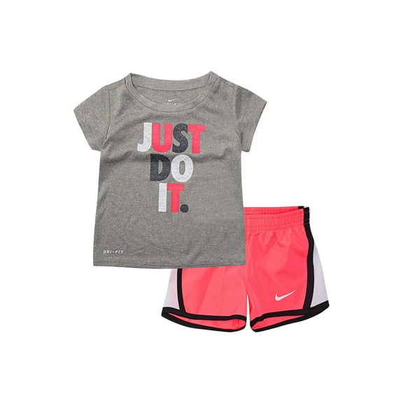 Nike Girl's Graphic-Print T-Shirt & Shorts 2 Piece Set Racer Pink16D263-A4F/Black/White, 6