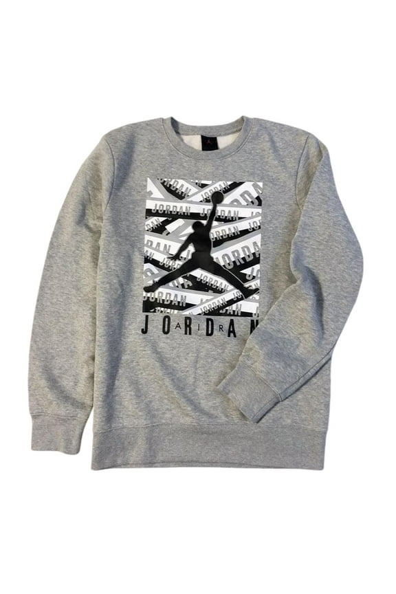 Jordan Big Boy Gray Jumpman Crew Neck Fleece Pullover Sweatshirt