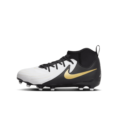 Nike Jr. Phantom Luna 2 Academy Little/Big Kids' MG Soccer Cleats Color: White/Metallic Gold Coin/Black Size: 5.5Y