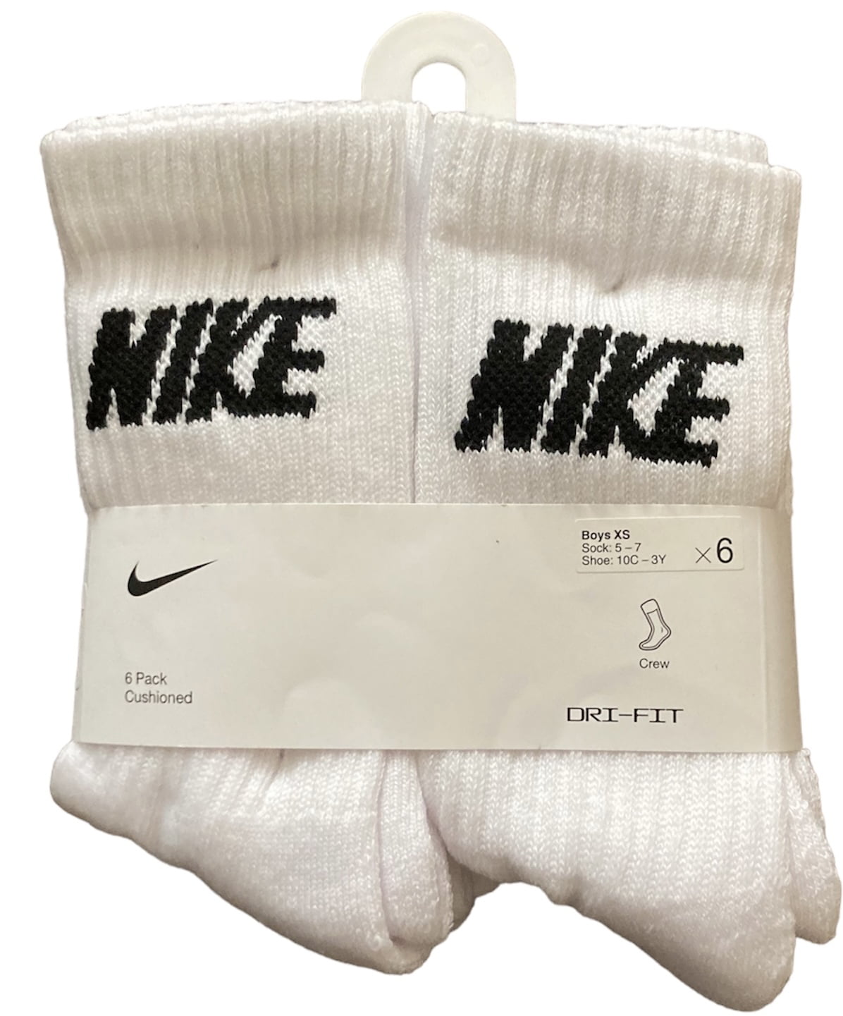 Nike Kids 6-Pack Everyday Cushioned Crew Socks White/Black 'NIKE' Logo ...