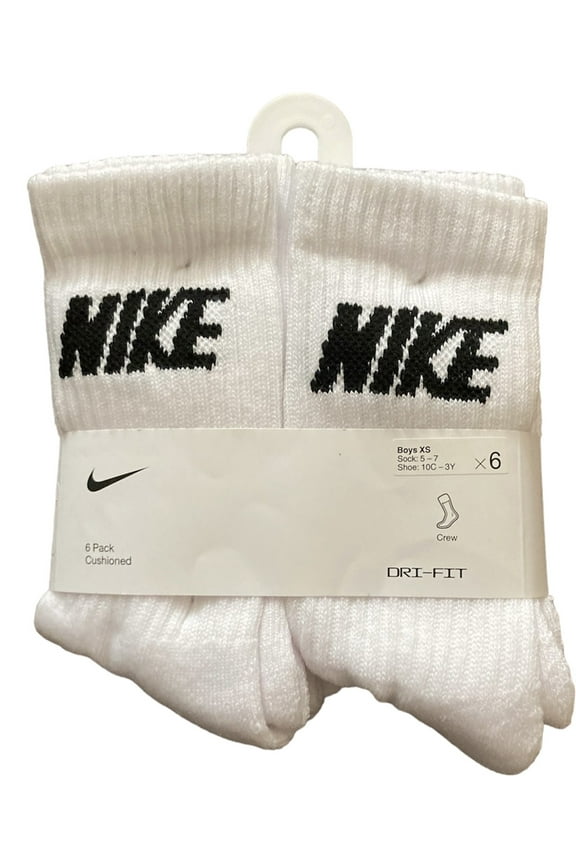 Kids 6-Pack Everyday Cushioned Crew Socks White/Black 'NIKE' Logo Sz XS (10C-3Y)