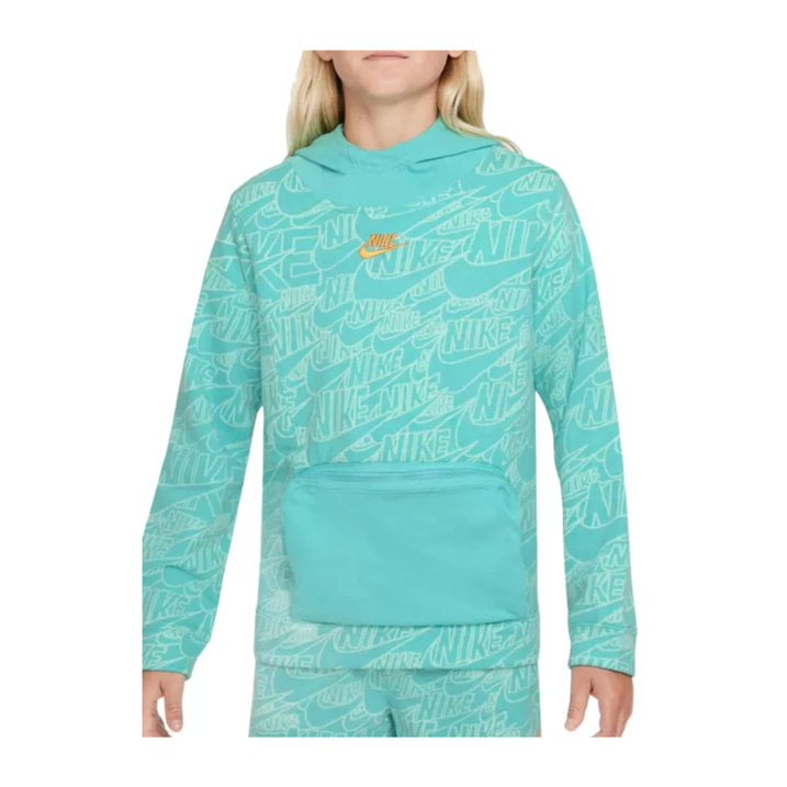 Nike Kids Boy s NSW Print Pullover Hoodie Washed Teal Light Curry Large 14 16 Big Kid
