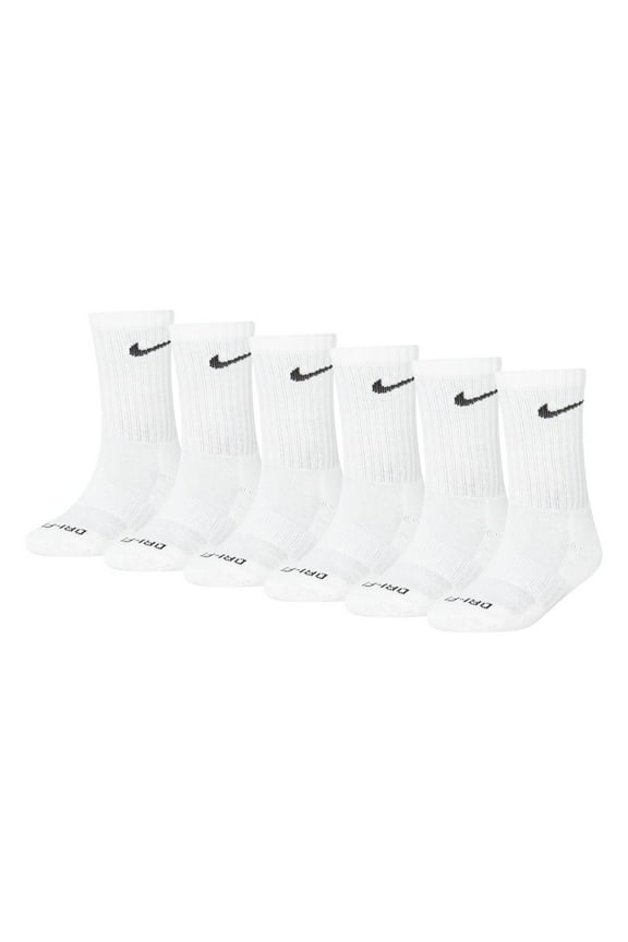 Kids Nike 6-Pack Dri-FIT Performance Crew Socks Color: White Size: SMALL