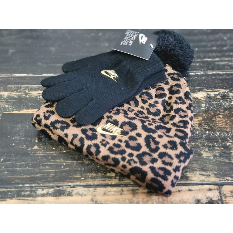 Nike Leopard Print Brown Black Pom Cuff Beanie Hat Child Kid One