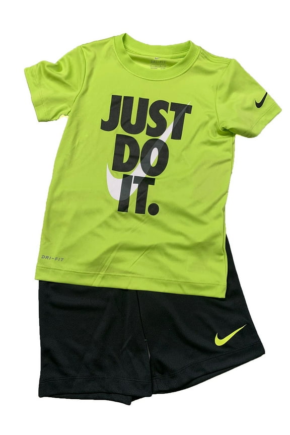 Little Boys' 2 Piece Tee & Short Set, Just Do It, Black w/ Cyber, 7 Kids