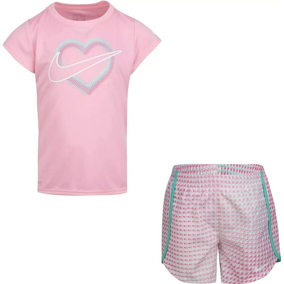 Nike Little Girls' Dri-FIT Pixel T-Shirt and Shorts 2 Piece Set Tropical Twist16H451-F1P/Pink, 12 Months