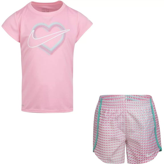 Nike Little Girls' Dri-FIT Pixel T-Shirt and Shorts 2 Piece Set Tropical Twist26H451-F1P/Pink, 18 Months