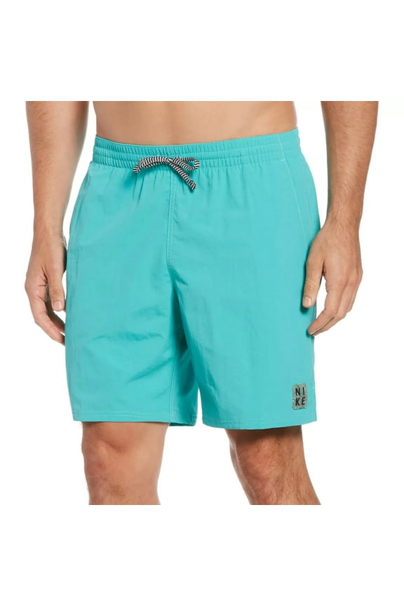 Men's Essential Lap 7” Volley Square Logo Swim Trunks- Aqua Teal -(Small)