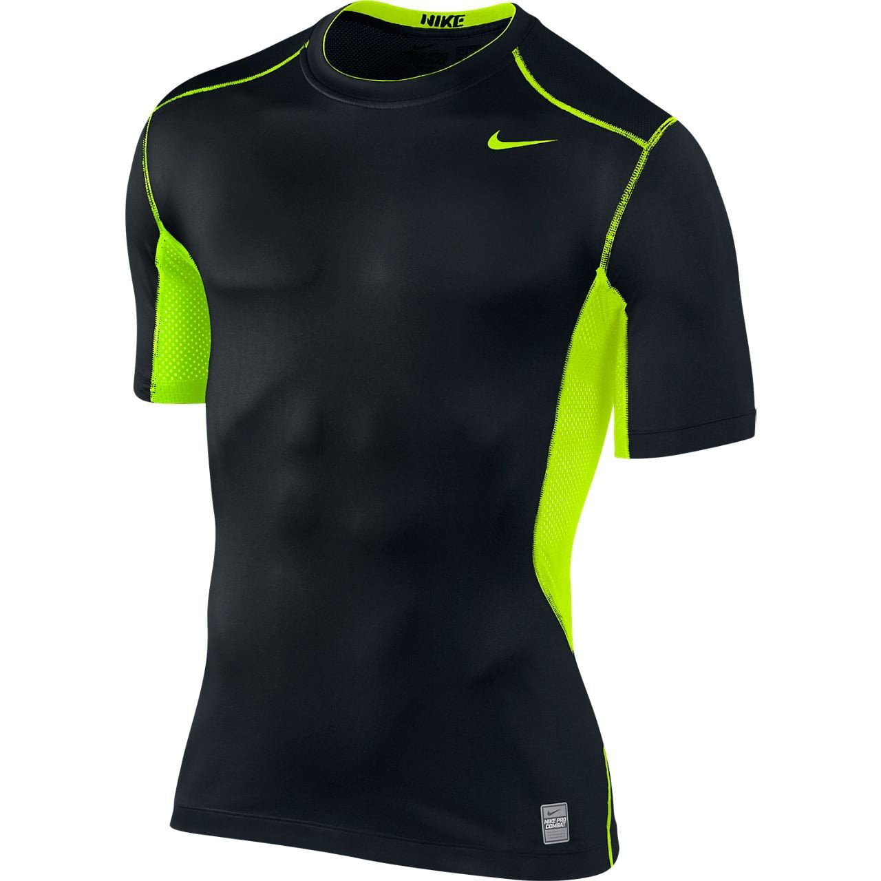 Nike Men's Pro Combat Hypercool 2.0 Fitted Short-Sleeve Top Shirt,  Black/Volt, Large