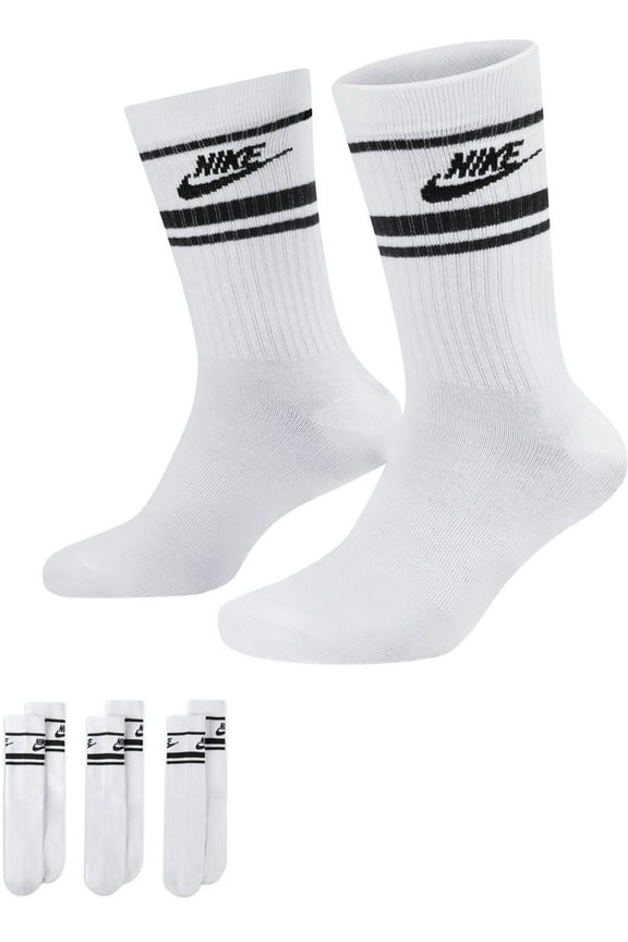 Men's Sportswear Everyday Essential Crew Socks – 3 Pack (White/Black Stripe, Size Medium)