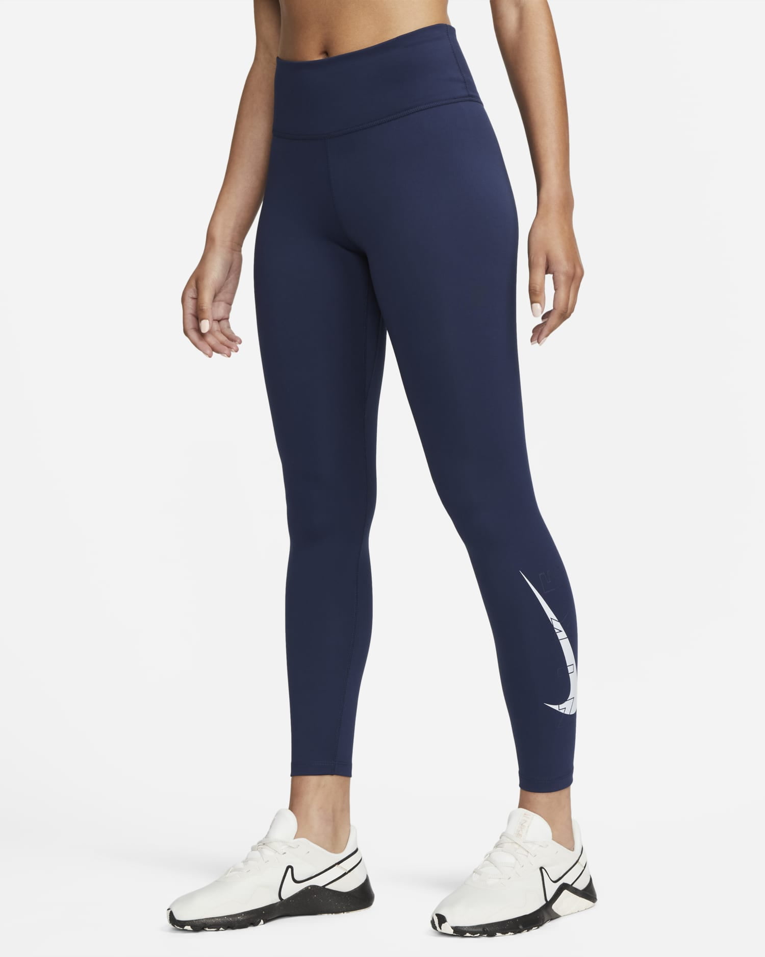 Nike One Women's Mid-Rise 7/8 Graphic Training Leggings, Midnight Navy/ Football Grey, L 