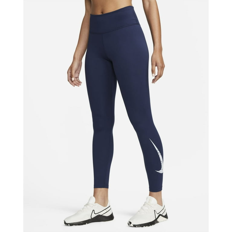 Nike One Women's Mid-Rise 7/8 Graphic Training Leggings, Midnight Navy/Football  Grey, L 