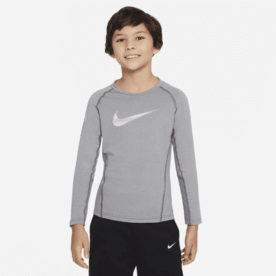 Nike Pro Warm Big Kids' (Boys') Long-Sleeve Top Color: Carbon Heather/Smoke Grey/White Size: L