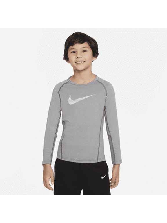 Pro Warm Big Kids' (Boys') Long-Sleeve Top Color: Carbon Heather/Smoke Grey/White Size: L