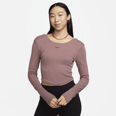 Nike Sportswear Chill Knit Women s Tight Scoop Back Long Sleeve Mini Rib Top Color Smokey Mauve Black Size XL Walmart