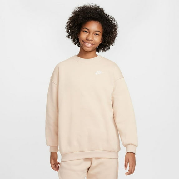 Nike Sportswear Club Fleece Big Kids' (Girls') Oversized Sweatshirt Color: Sanddrift/White Size: L