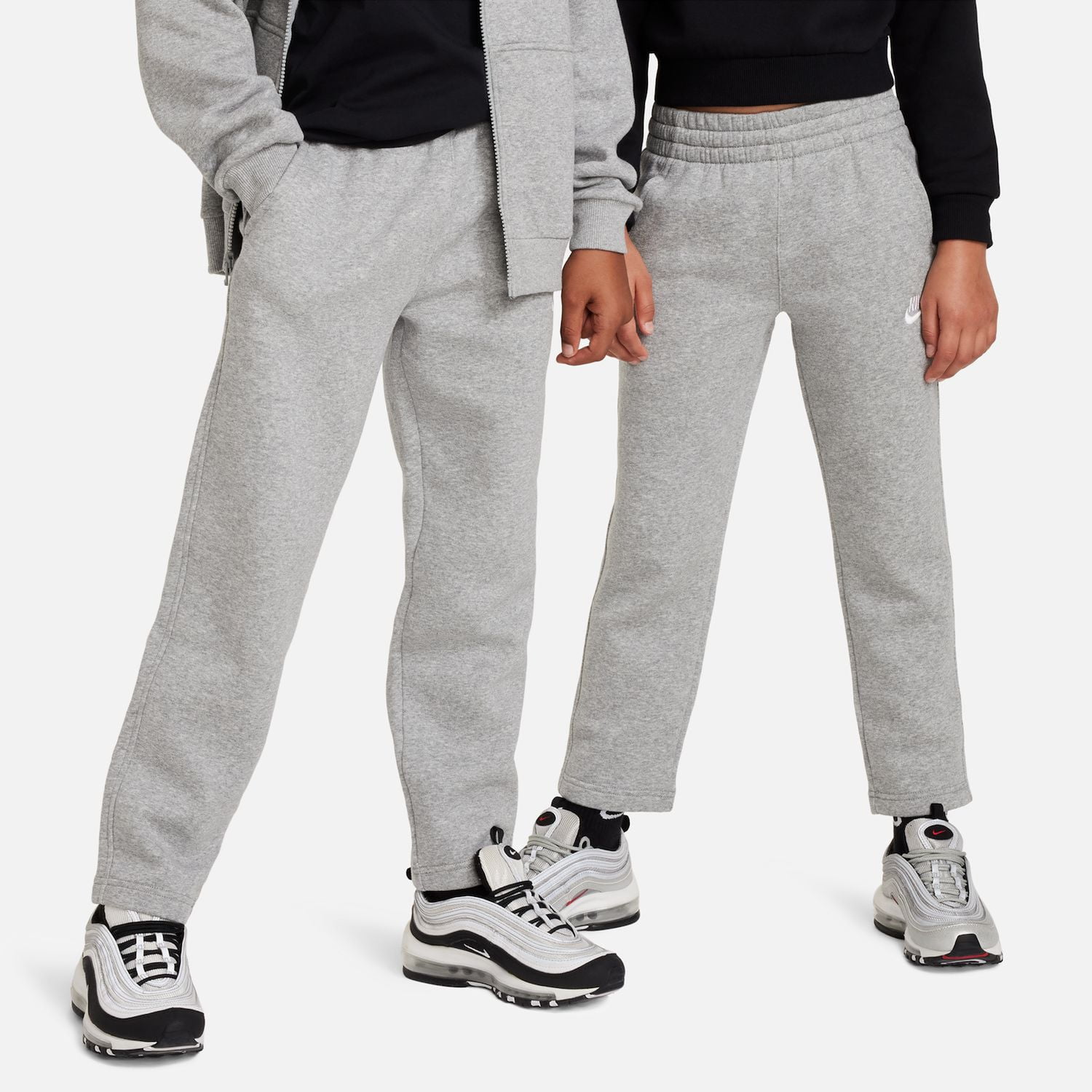 Nike Sportswear Club Fleece Big Kids' Open-Hem Pants Color: Dark Grey Heather/Base Grey/White Size: S