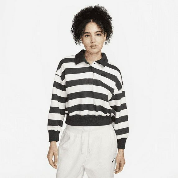 Nike Sportswear Phoenix Fleece Women's Oversized 3/4-Sleeve Striped Crop Polo Color: Off Noir Size: XS