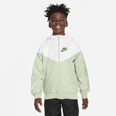Sportswear Windrunner Big Kids' (Boys') Loose Hip-Length Hooded Jacket Color: Honeydew/White/Honeydew/Deep Jungle Size: M