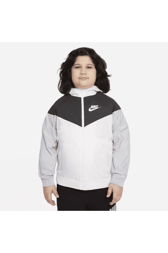 Nike Sportswear Windrunner Big Kids' (Boys') Loose Hip-Length Hooded Jacket (Extended Size) Color: White/Black/Wolf Grey/White Size: S+