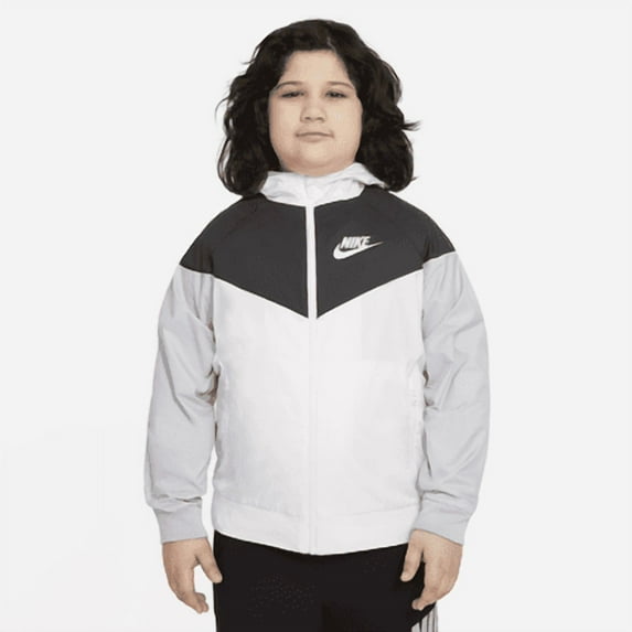 Nike Sportswear Windrunner Big Kids' (Boys') Loose Hip-Length Hooded Jacket (Extended Size) Color: White/Black/Wolf Grey/White Size: S+
