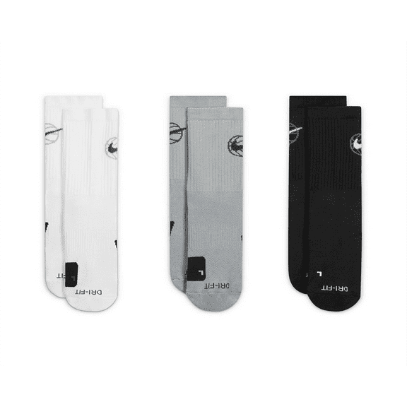 Nike Unisex Everyday Crew Basketball Socks (3 Pair) Grey/Black Size S