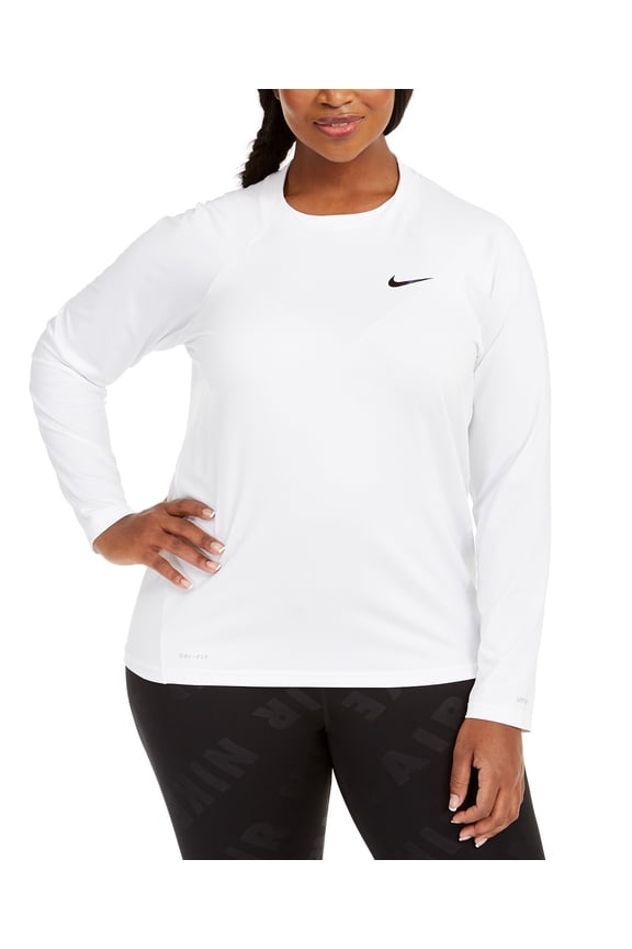 Women's Plus Essential Long-Sleeve Hydro Rash Guard Swimsuit (1X, White)