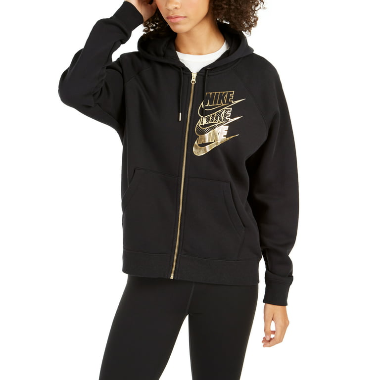Nike Women's Sportswear Shine Metallic Logo Zip-up Hoodie Gold Black Size  Medium