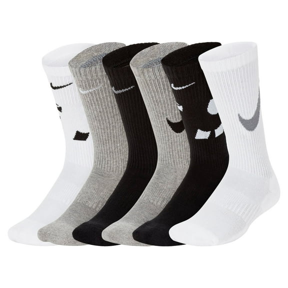 Nike Youth Everyday Cushioned Crew Socks – 6 Pack, Medium, Black/White/Grey