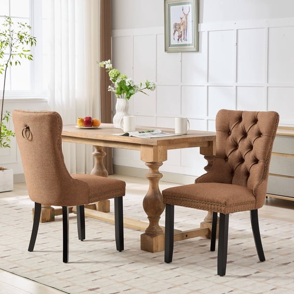 Nikki Collection Modern, High-end Tufted Solid Wood Contemporary Flax Upholstered Linen Dining Chair with Wood Legs Nailhead Trim 2-Pcs Set,Coffee color, SW6801CF