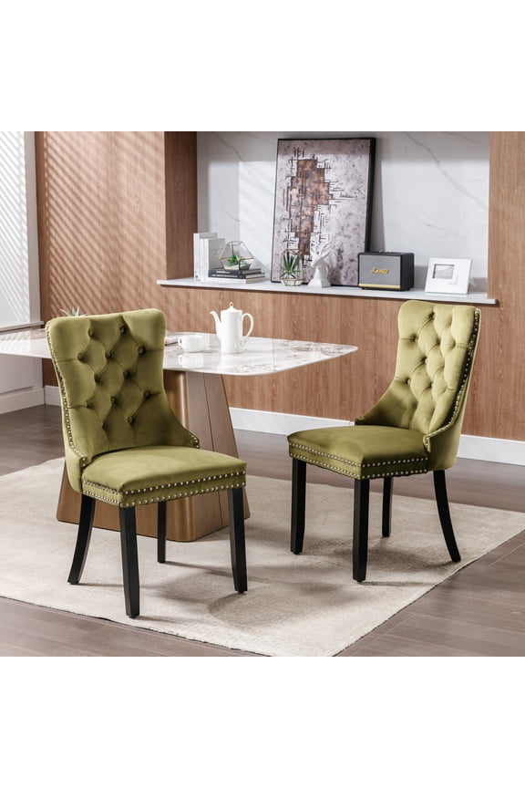 Nikki Collection Modern, High-end Tufted Solid Wood Contemporary Velvet Upholstered Dining Chair with Wood Legs Nailhead Trim 2-Pcs Set,Olive-Green,SW2001OL