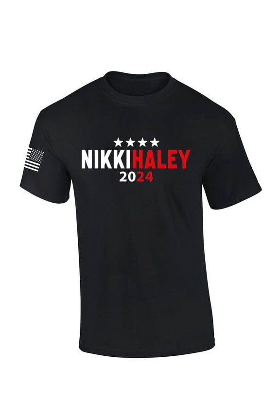 Nikki Haley Tshirt Haley 2024 Stars USA American Flag Sleeve Short Sleeve T-shirt Graphic Tee-Black-small