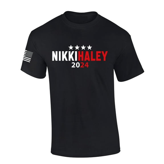 Nikki Haley Tshirt Haley 2024 Stars USA American Flag Sleeve Short Sleeve T-shirt Graphic Tee-Black-xl