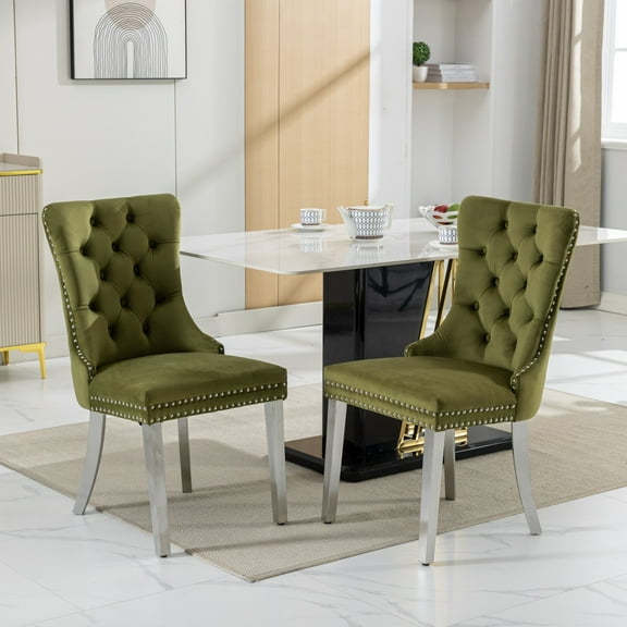 Nikki Olive Green Velvet Dining Chairs (Set of 2) - Chrome Legs, Nailhead Trim, 24.6" Wide, Modern Design, Solid Wood Frame, for Dining Room.