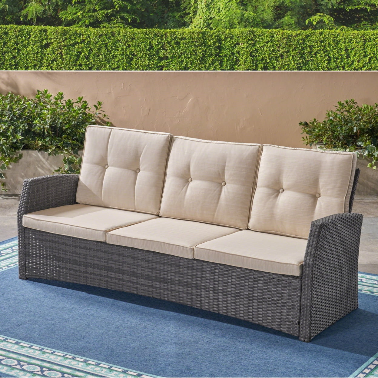 Gray and Beige Wicker Three-Seater Outdoor Sofa with Water Resistant Cushions