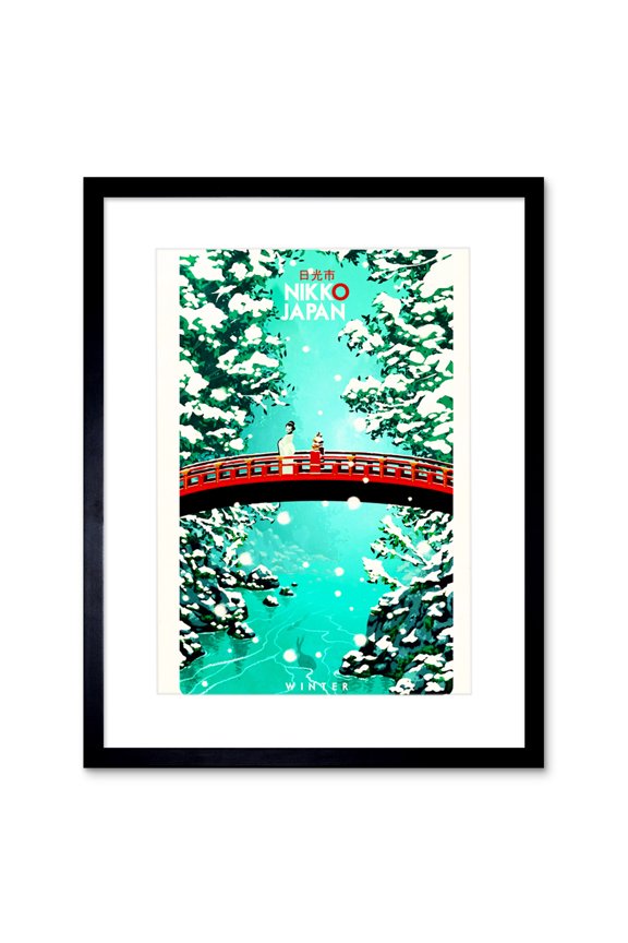 Nikko Japan Winter Red Bridge Artwork Framed Wall Art Print 9X7 Inch