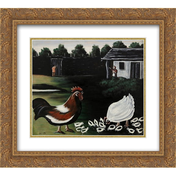 Niko Pirosmani 2x Matted 22x20 Gold Ornate Framed Art Print 'Hen with her chicks'