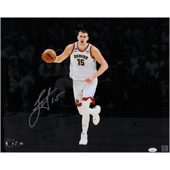 Nikola Jokic Denver Nuggets Autographed 16" x 20" Dribbling Spotlight Photograph - Signed in Silver Ink - JSA - Fanatics Authentic Certified