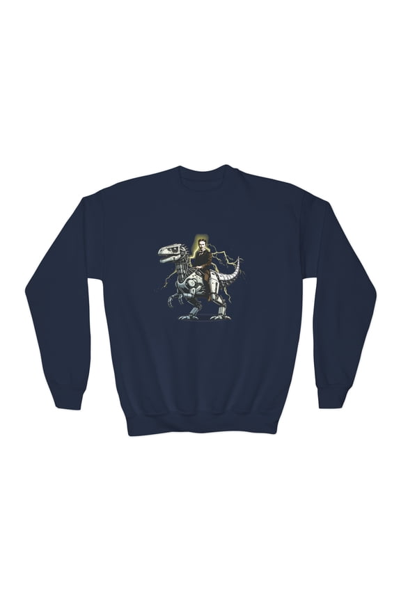 Nikola Tesla Riding a Robot Dinosaur Youth Sweatshirt for Science Kids