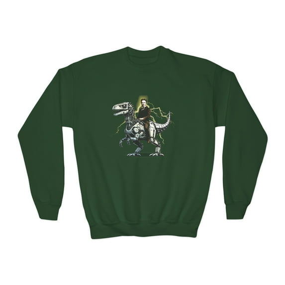 Nikola Tesla Riding a Robot Dinosaur Youth Sweatshirt for Science Kids